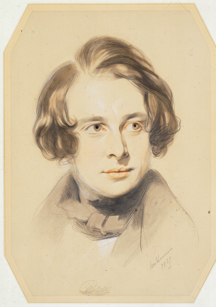 Charles Dickensin varhainen muotokuva, 1837 (liitu, värikynä ja kynä paperille) tekijältä Samuel Laurence
