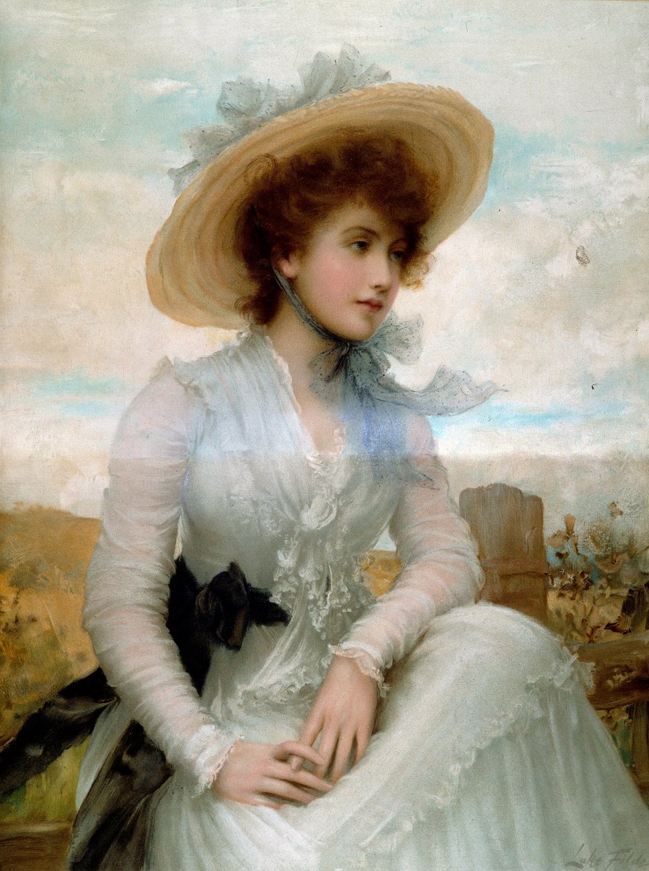 Nuoren naisen muotokuva olkihatulla Printti Samuel Luke Fildes (1843-1927) 1800-luvun Pariisi, Koristetaiteet tekijältä Samuel Luke Fildes