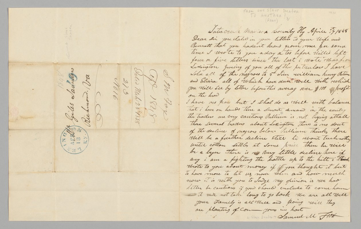 Samuel M. Foxin kirje Giles Saundersille koskien orjakauppaa, 17. huhtikuuta 1848. tekijältä Samuel M. Fox