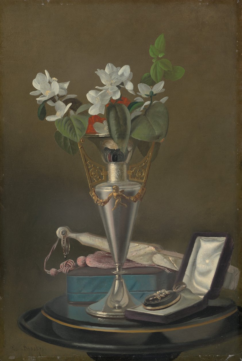 Asetelma tuulettimen ja riipuksen kanssa, c. 18651875. tekijältä Samuel Marsdon Brookes