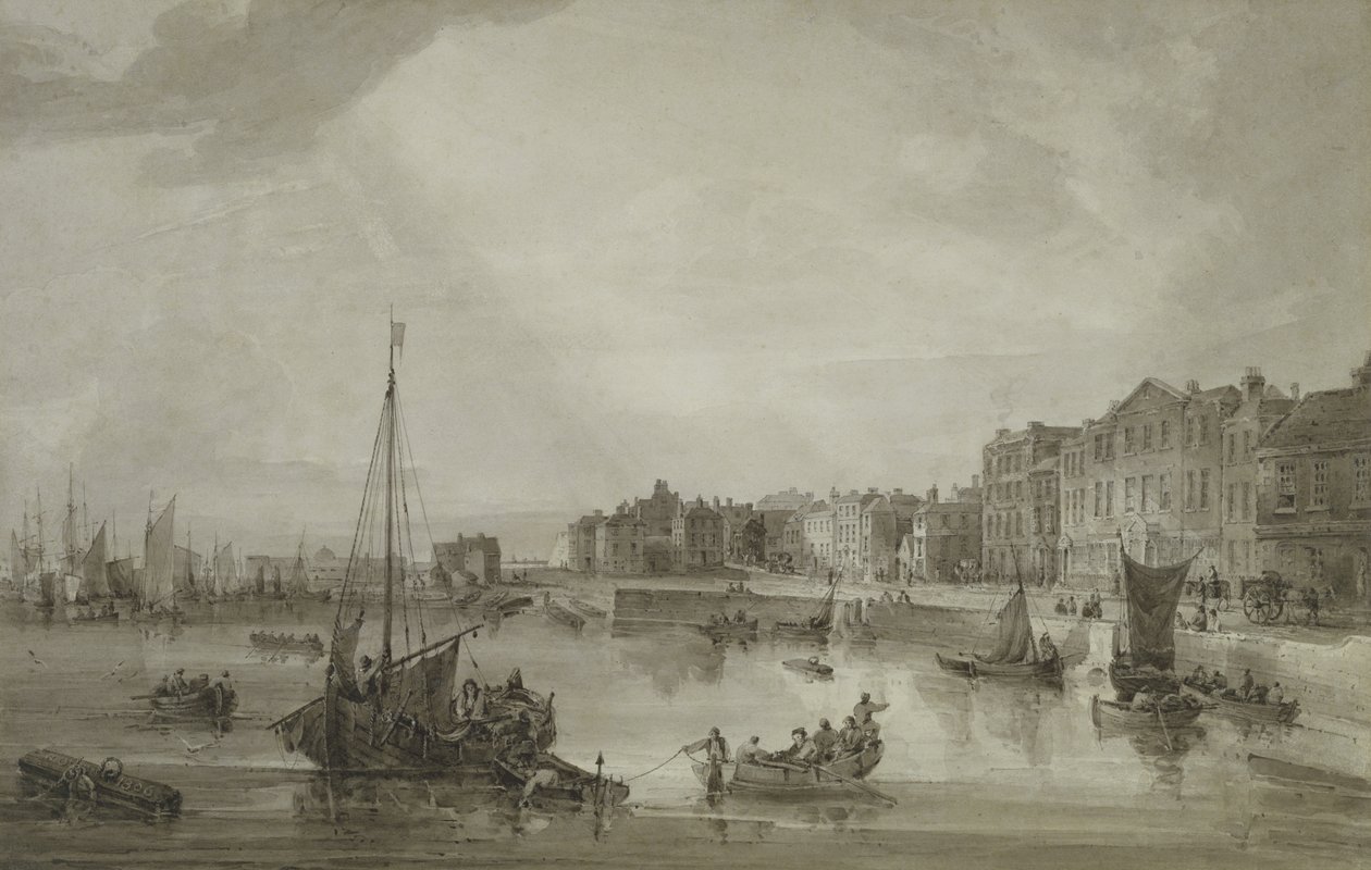Margate Harbour, 1806 (ruskea pesu grafiitin päällä) tekijältä Samuel Owen