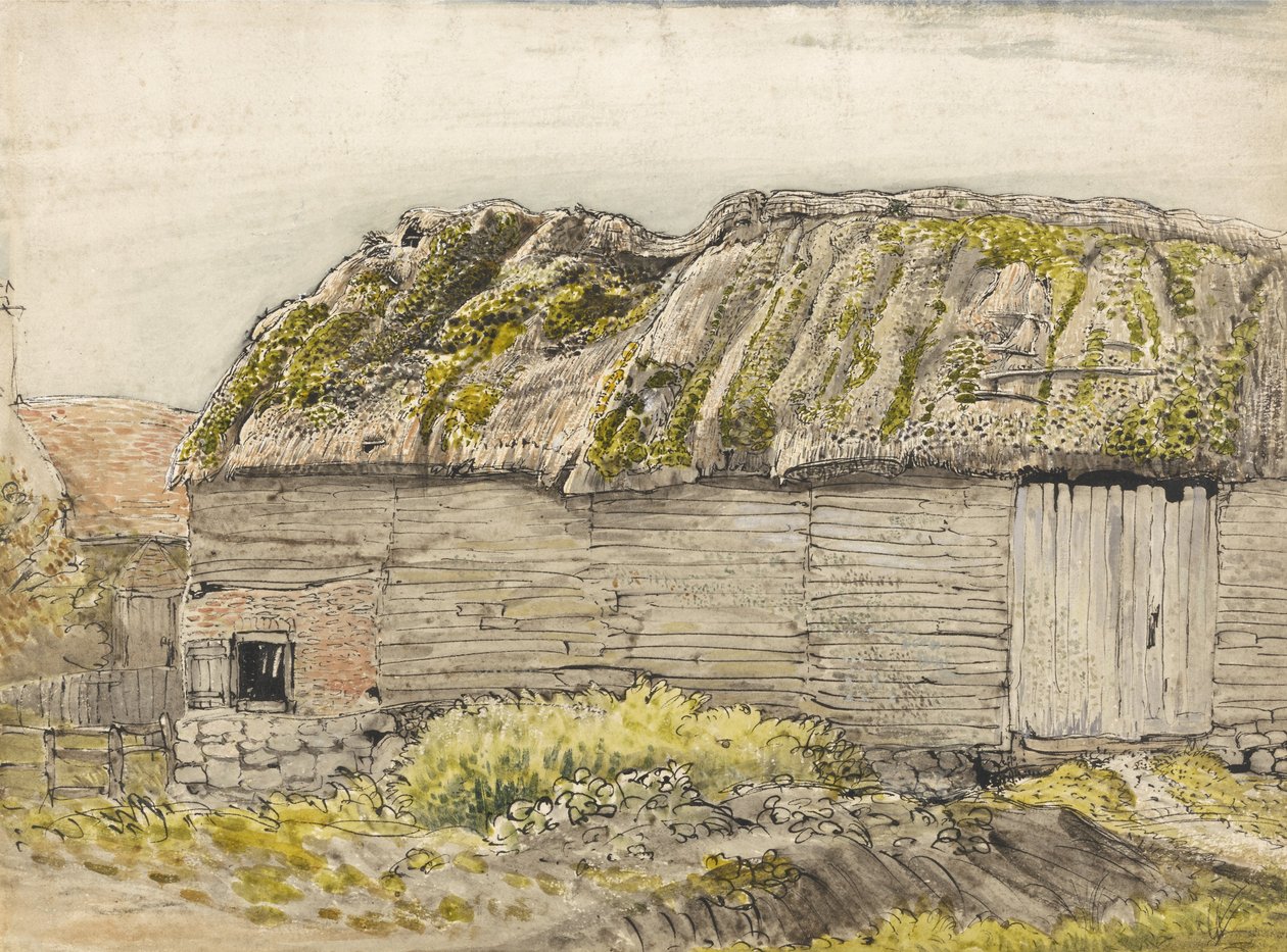 A Barn with a Mossy Roof, Shoreham (akvarelli, ruskea pesu, muste, guassi ja lyijykynä paperille). tekijältä Samuel Palmer