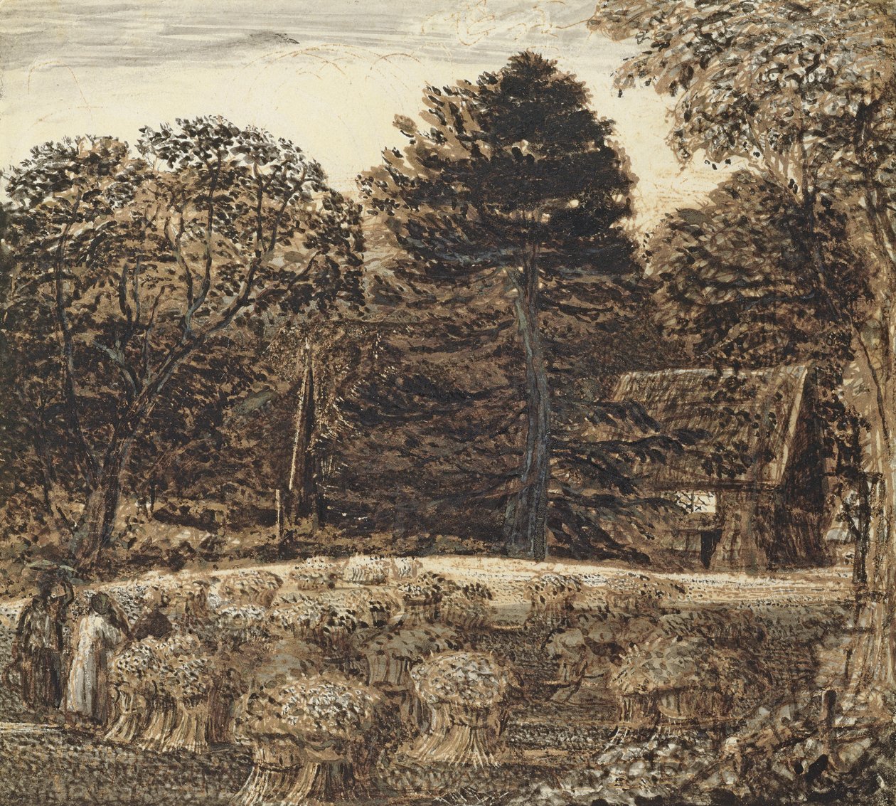 Cornfield, Shoreham at Twilight (kynä ja muste ja pesu valkoisella kortilla) tekijältä Samuel Palmer
