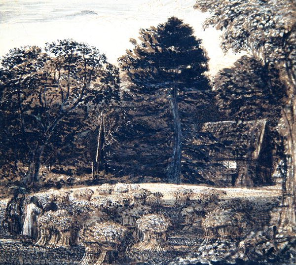 A Cornfield, Shoreham, Twilightissa, n. 1830 (kynä, pesu ja intialainen muste kortilla) tekijältä Samuel Palmer