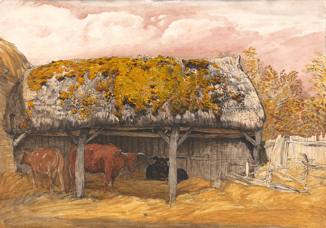 Lehmämaja sammaleisella katolla tekijältä Samuel Palmer
