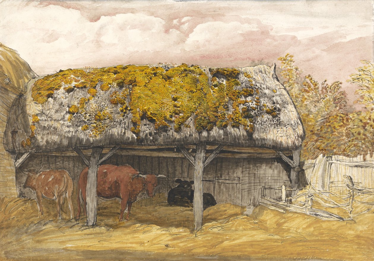 Lehmänmökki sammaloituneella katolla, noin 1829 (tussi ja tussi, vesiväri ja guassi paperille). tekijältä Samuel Palmer