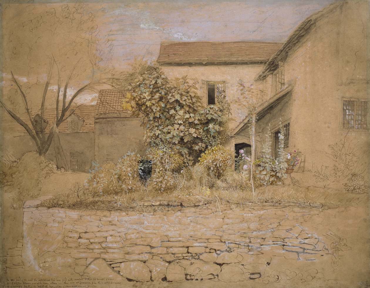 A House and Garden at Tintern, 1835 (tussi, tussi, wc ja bodycolour grafiitin ja mustan liidun päällä vaaleanpunaiselle paperille). tekijältä Samuel Palmer
