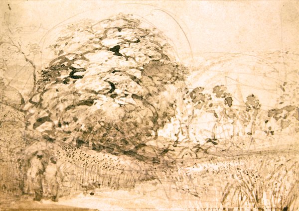 Polku maissipellon läpi, n. 1832-1833 (akvarelli paperille) tekijältä Samuel Palmer