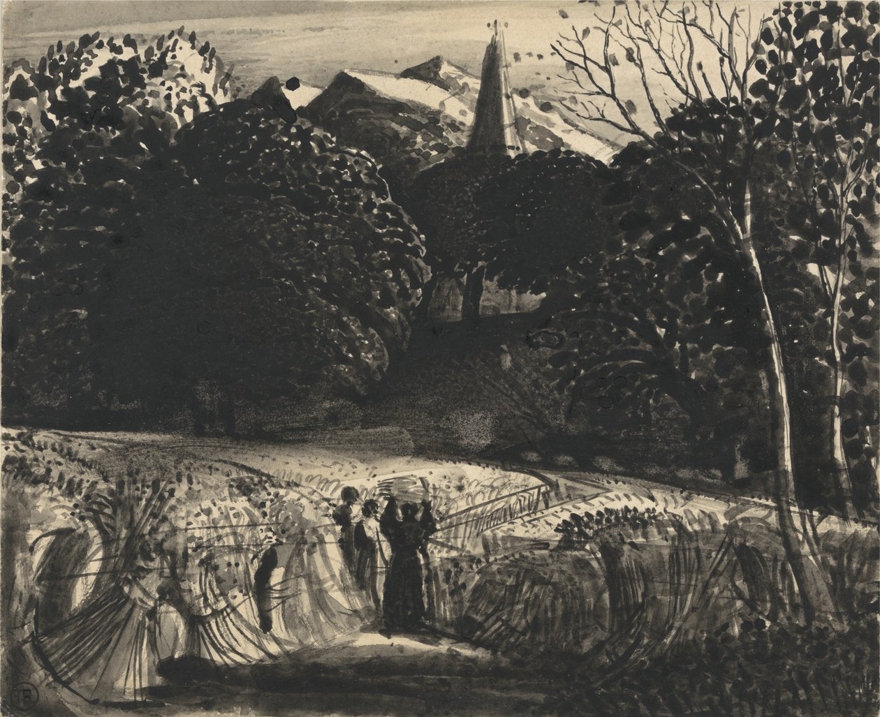 Cornfield and Church by Moonlight (sivellin ja musta muste paperille) tekijältä Samuel Palmer