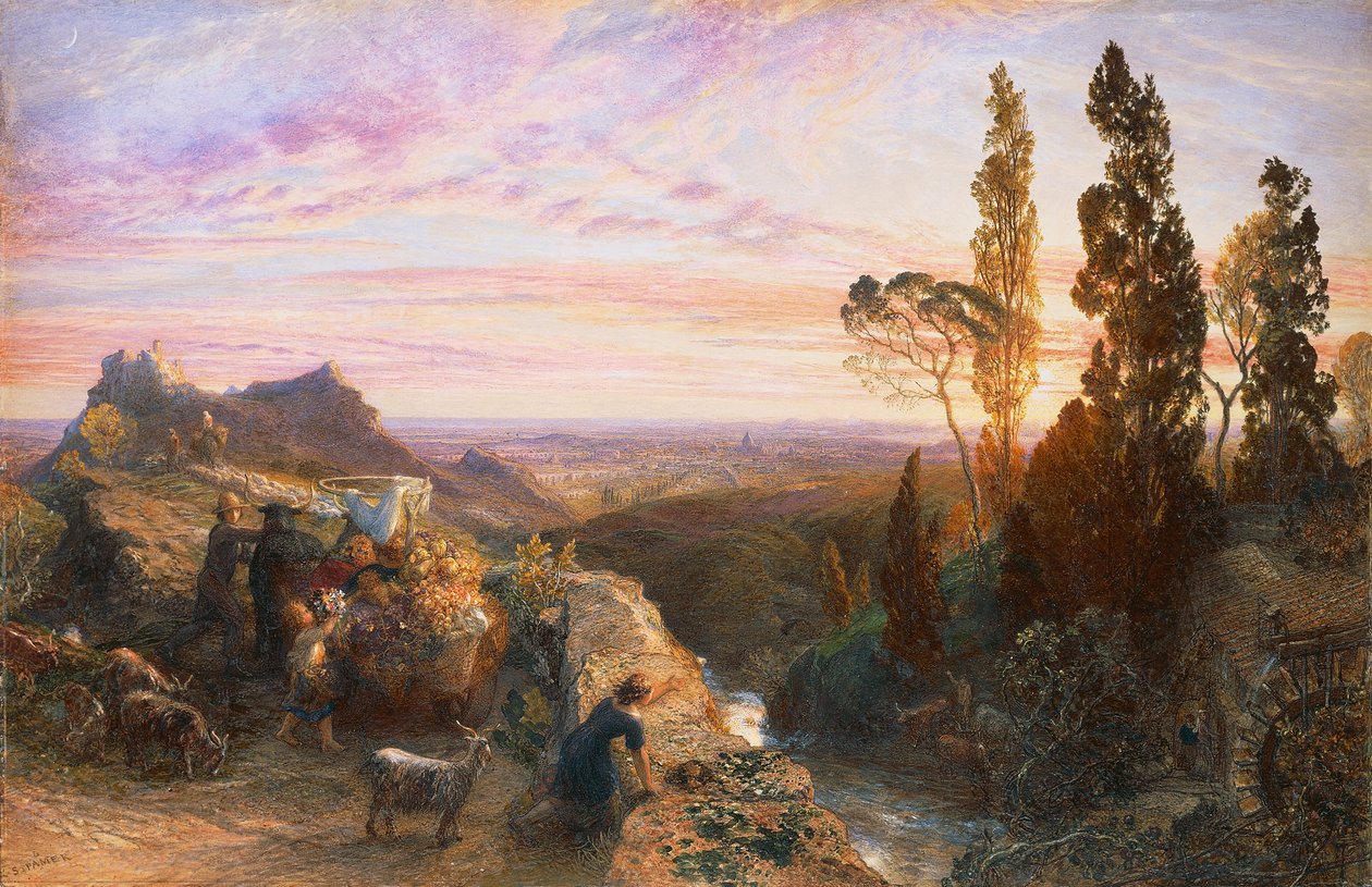 Unelma Apenniineilla, noin 1864, Samuel Palmer (1805-1881), akvarelli ja guassi paperille siirretty puulle tekijältä Samuel Palmer