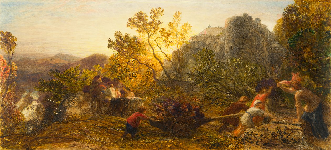 Harvest in the Vineyard, 1859 (wc, guassi ja arabikumi paperilla) tekijältä Samuel Palmer