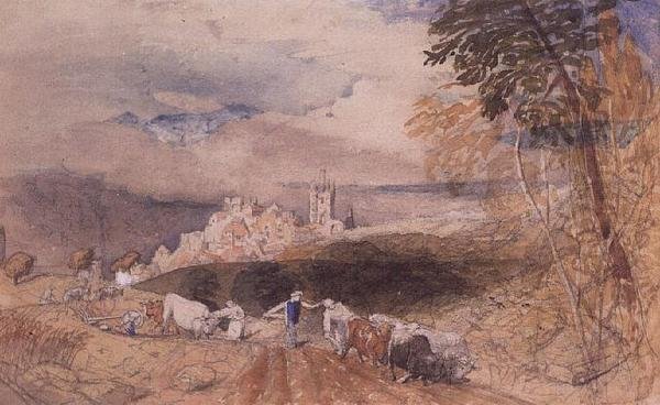 Mäkinen maisema maanviljelijöiden kyntämässä (akvarelli) tekijältä Samuel Palmer