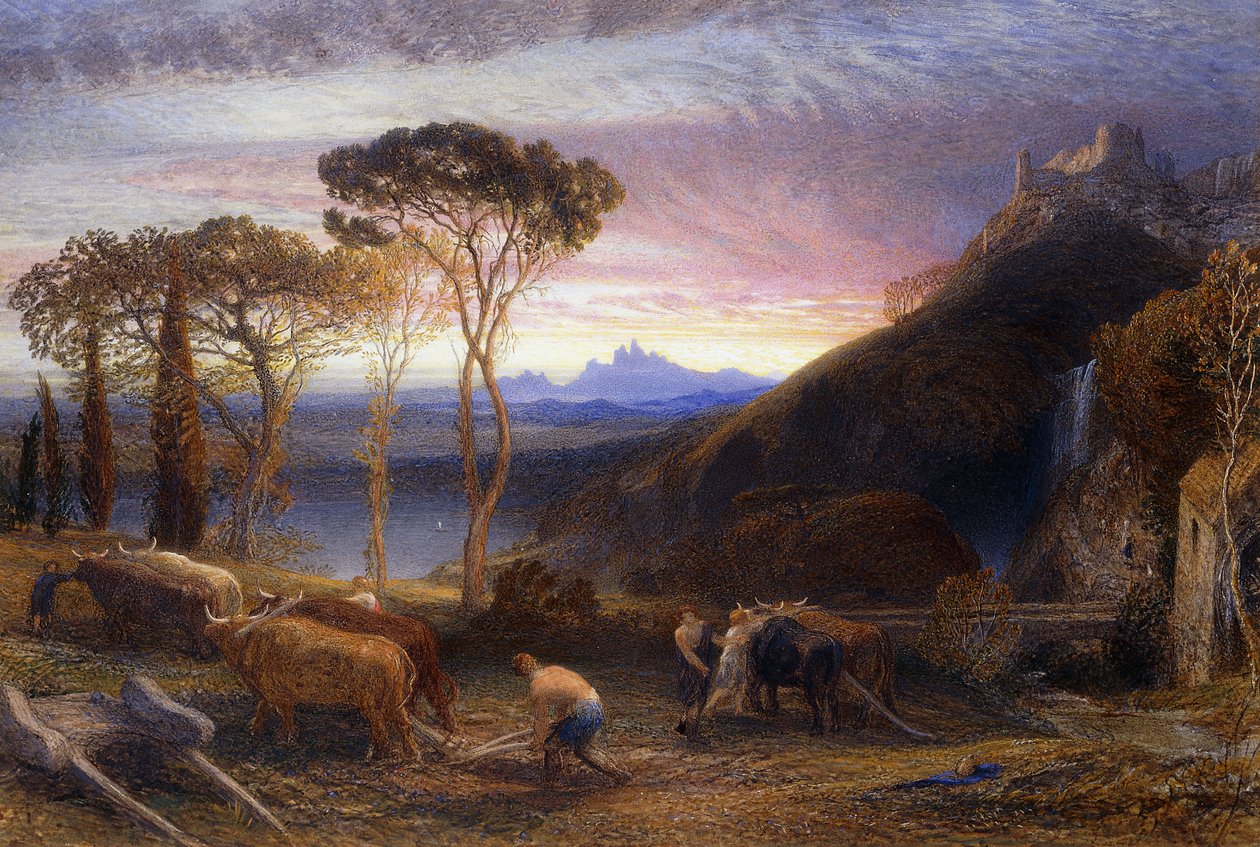 Kuvitus Miltonin Lycidakseen, n. 1864 (vartalovärillä korotettu vesiväri) tekijältä Samuel Palmer