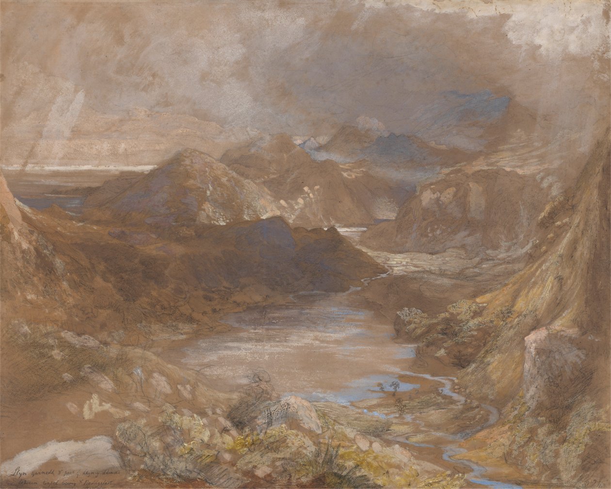 Llwyngwynedd ja osa Llyn-y-dinaa Capel Curigin ja Beddegelertin välissä, Pohjois-Wales tekijältä Samuel Palmer