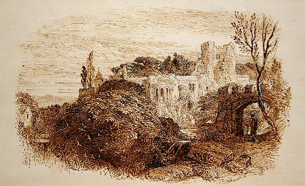 "Mark yon Old Mansion..." (kynä ja ruskea muste paperille) tekijältä Samuel Palmer