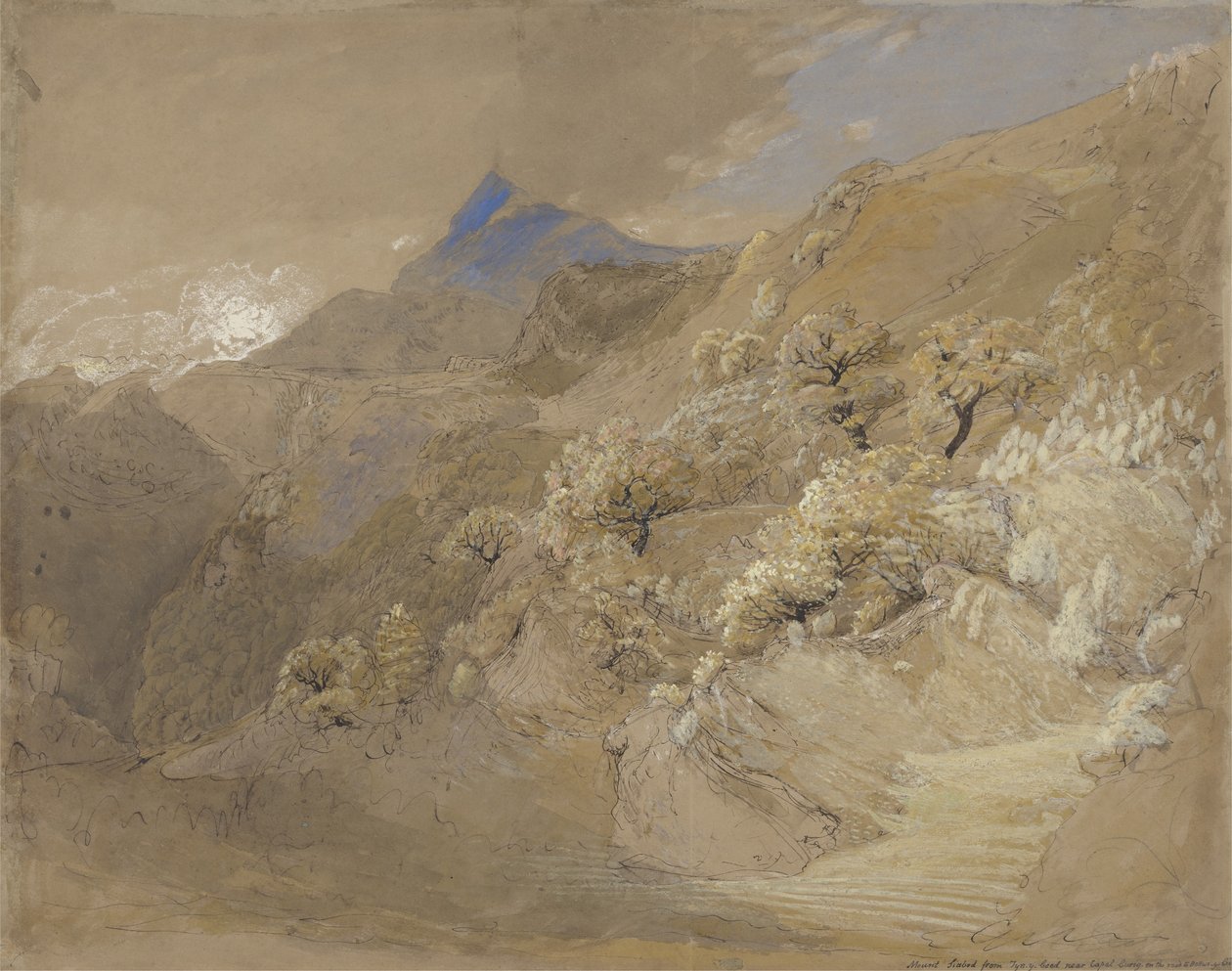 Mount Siabod Tyn-y-Coedista Capel Curigin lähellä (tussi, tussi, tussi, vesi- ja vesiväri paperille). tekijältä Samuel Palmer