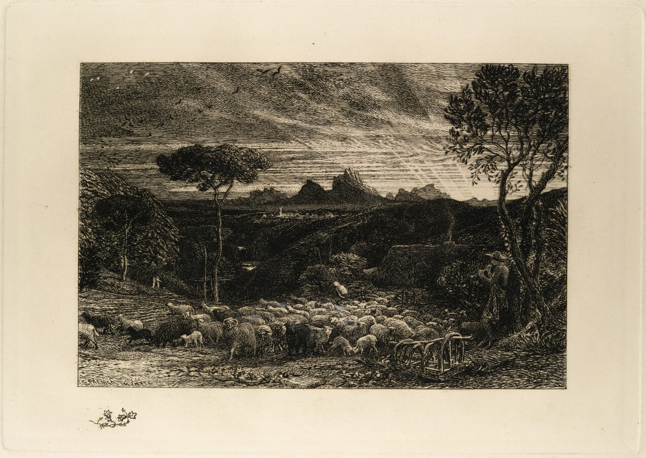 Lammastarhan avaaminen eli varhainen aamu tekijältä Samuel Palmer