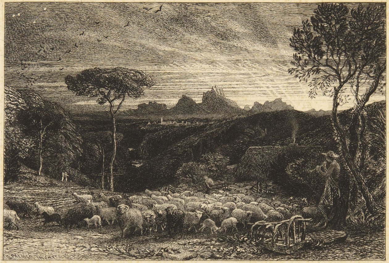 "Lammastarhan avaaminen" tai "Varhainen aamu" tekijältä Samuel Palmer