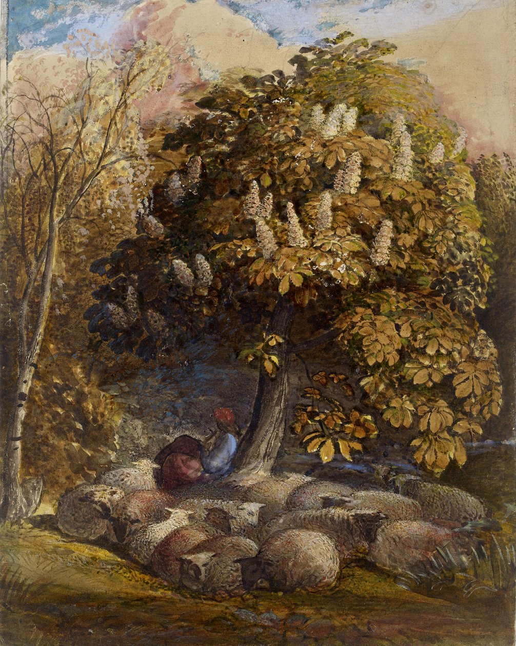 Pastoraali hevoskastanjapuulla, n. 1830-1831 (akvarelli ja vartaloväri) tekijältä Samuel Palmer
