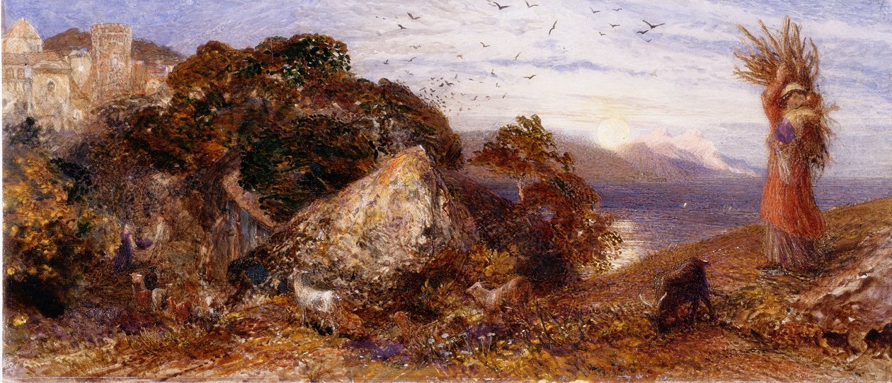 Rising Moon (vartalon väri, kynä ja vesiväri) tekijältä Samuel Palmer