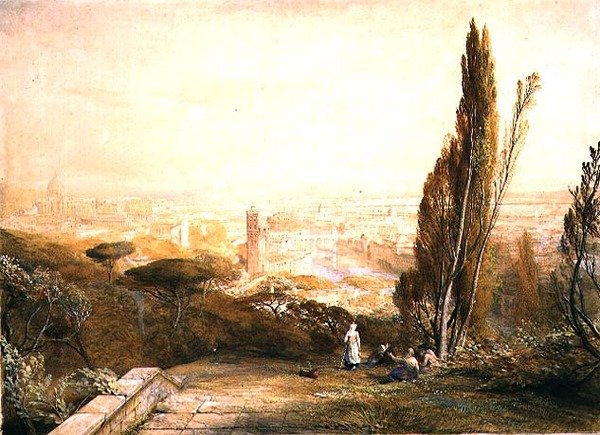 Rooma, Western Hillsiltä, n. 1840 (kynä, akvarelli ja vartaloväri paperille) tekijältä Samuel Palmer