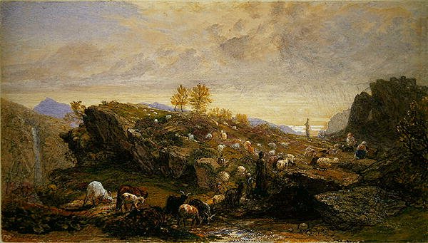 Rustics lampaiden ja vuohien kanssa kivisessä maisemassa (akvarelli arabikumilla korostettuna kynällä paperille) tekijältä Samuel Palmer