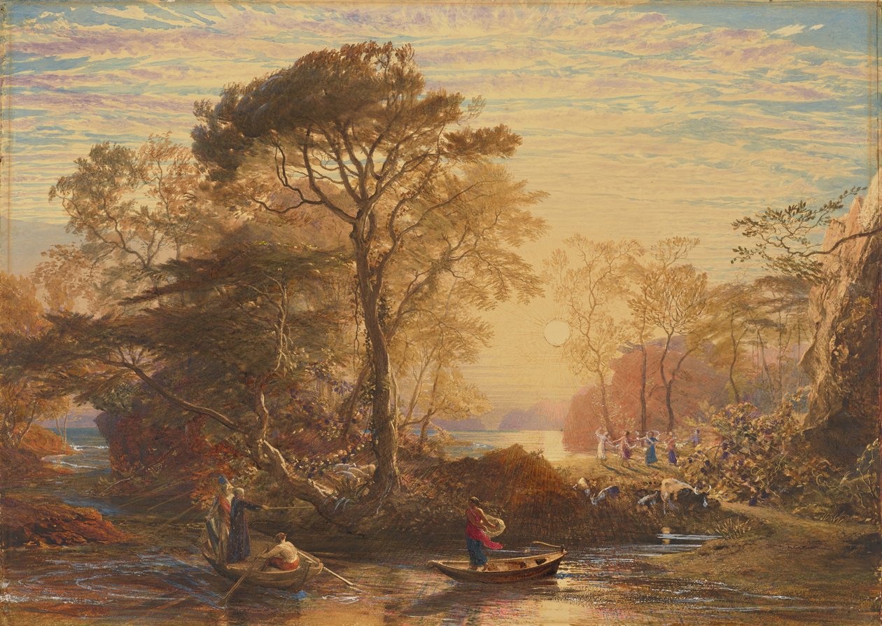 Sir Guyon ja Palmerin seurue, jonka Phaedria houkuttelee laskeutumaan lumotuille saarille tekijältä Samuel Palmer
