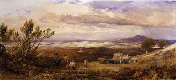 Maissipelto, pilvinen aamu (akvarelli) tekijältä Samuel Palmer