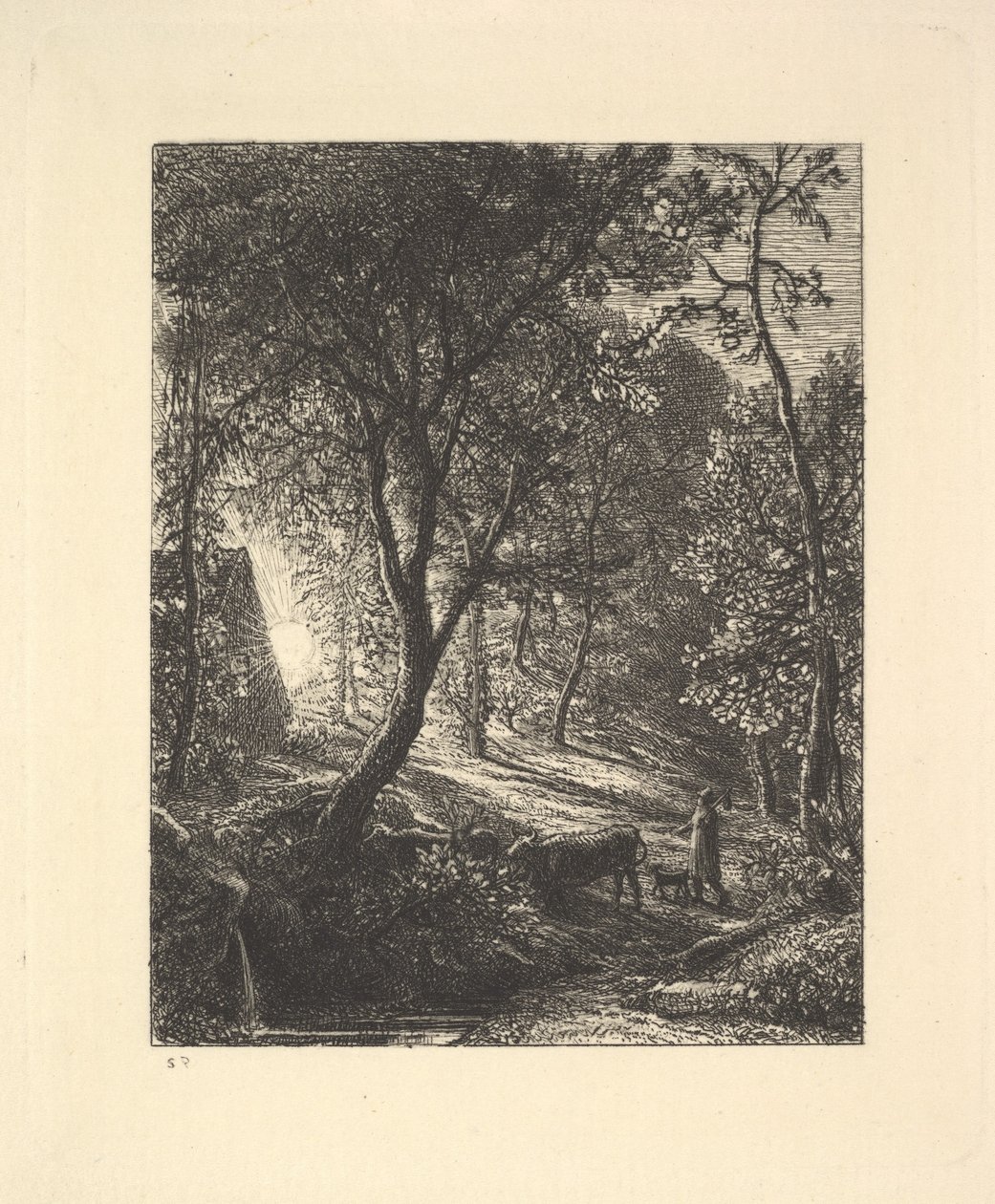 The Herdsmans Cottage eli auringonlasku, 1880. tekijältä Samuel Palmer