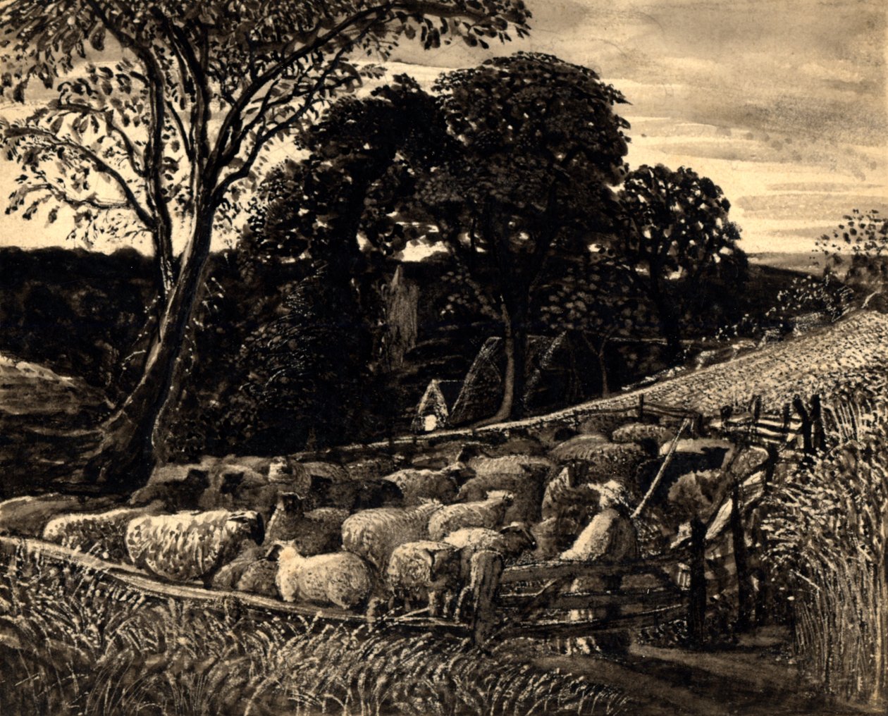 The Sheep Fold, n. 1831-32 (akvarelli) tekijältä Samuel Palmer