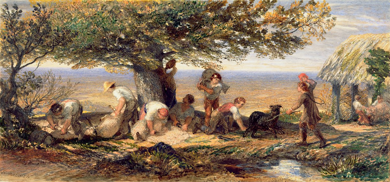 The Sheepshearers, n. 1863 (akvarelli ja vartaloväri lyijykynän päällä paperilla) tekijältä Samuel Palmer