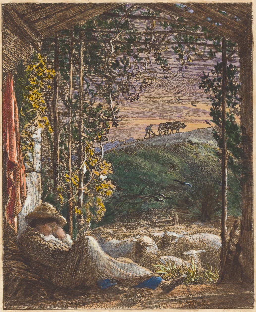 Nukkuva paimen; varhainen aamu tekijältä Samuel Palmer
