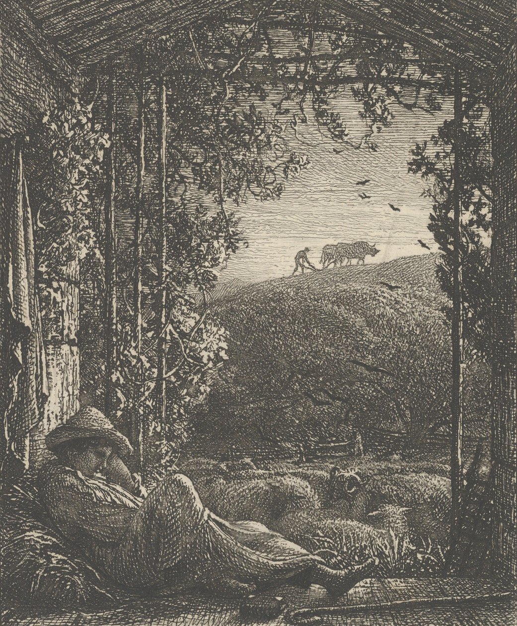 Nukkuva paimen, aikainen aamu, 1857. tekijältä Samuel Palmer