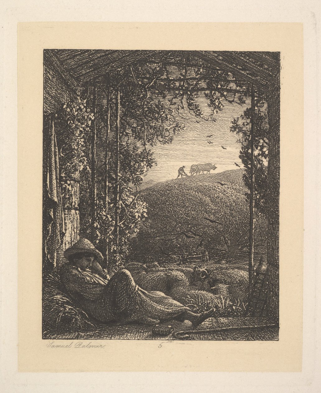 Nukkuva paimen, aikainen aamu, 1857. tekijältä Samuel Palmer