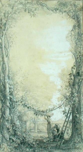 The Vintage, suunnittelu Charles Dickensin "Kuvia Italiasta" -kuvitukseen (lyijykynä ja akvarelli kuultopaperilla kortille asetettuna) tekijältä Samuel Palmer