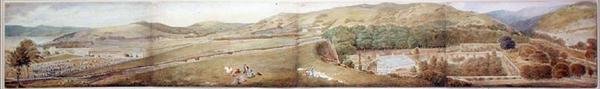 Luonnos panoraamaa varten - The Town of Largs, Ayrshire, heinäkuu 1856 (akvarelli kynällä paperille) tekijältä Samuel Parlber