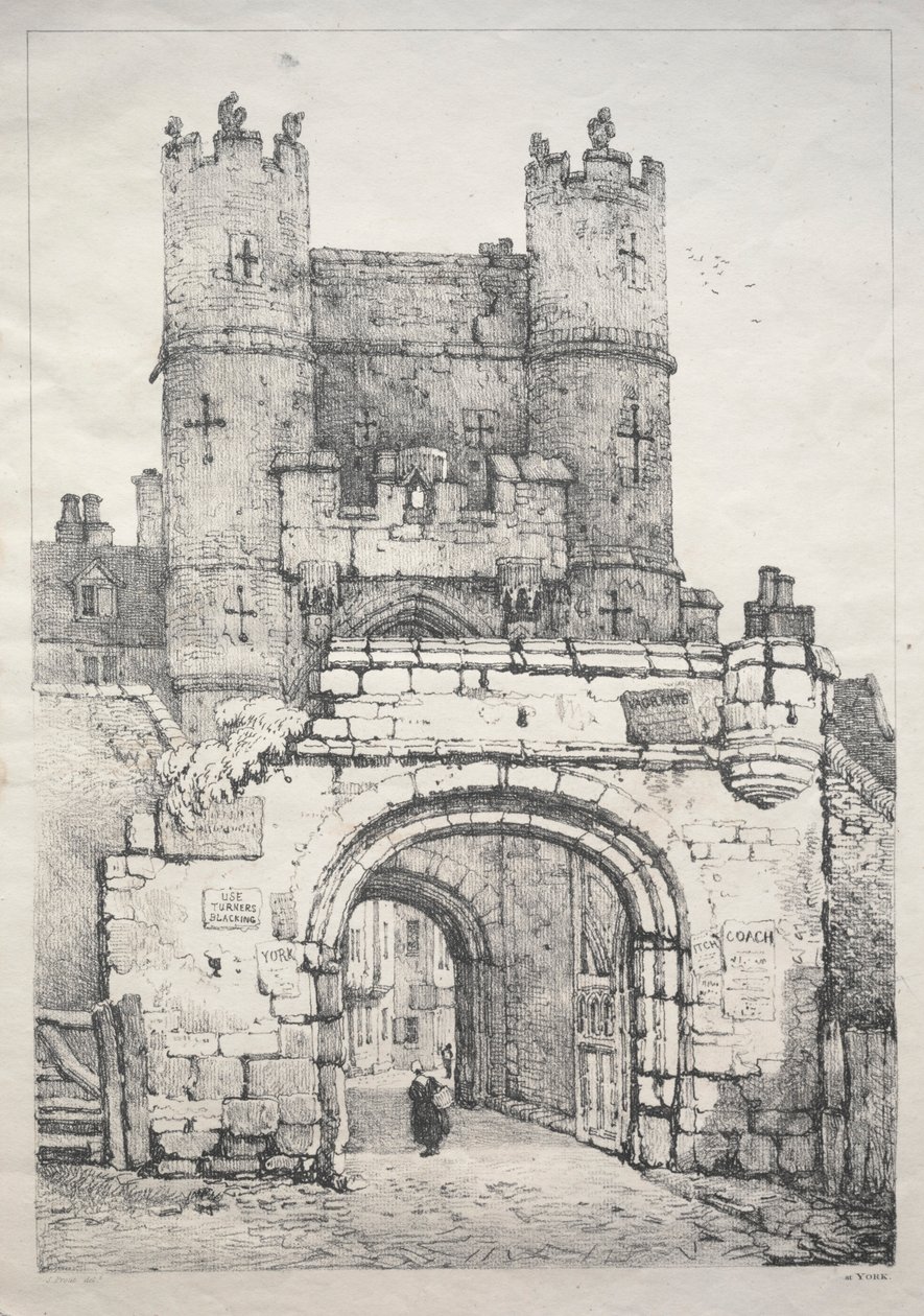 Sarja muinaisia rakennuksia ja maaseutumökkejä Pohjois-Englannissa: At York, Medieval Gate, 18 tekijältä Samuel Prout