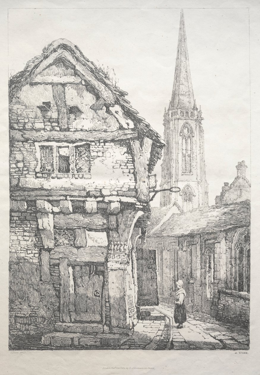 Sarja muinaisia rakennuksia ja maaseutumökkejä Pohjois-Englannissa: At York, Street..., 1821. tekijältä Samuel Prout