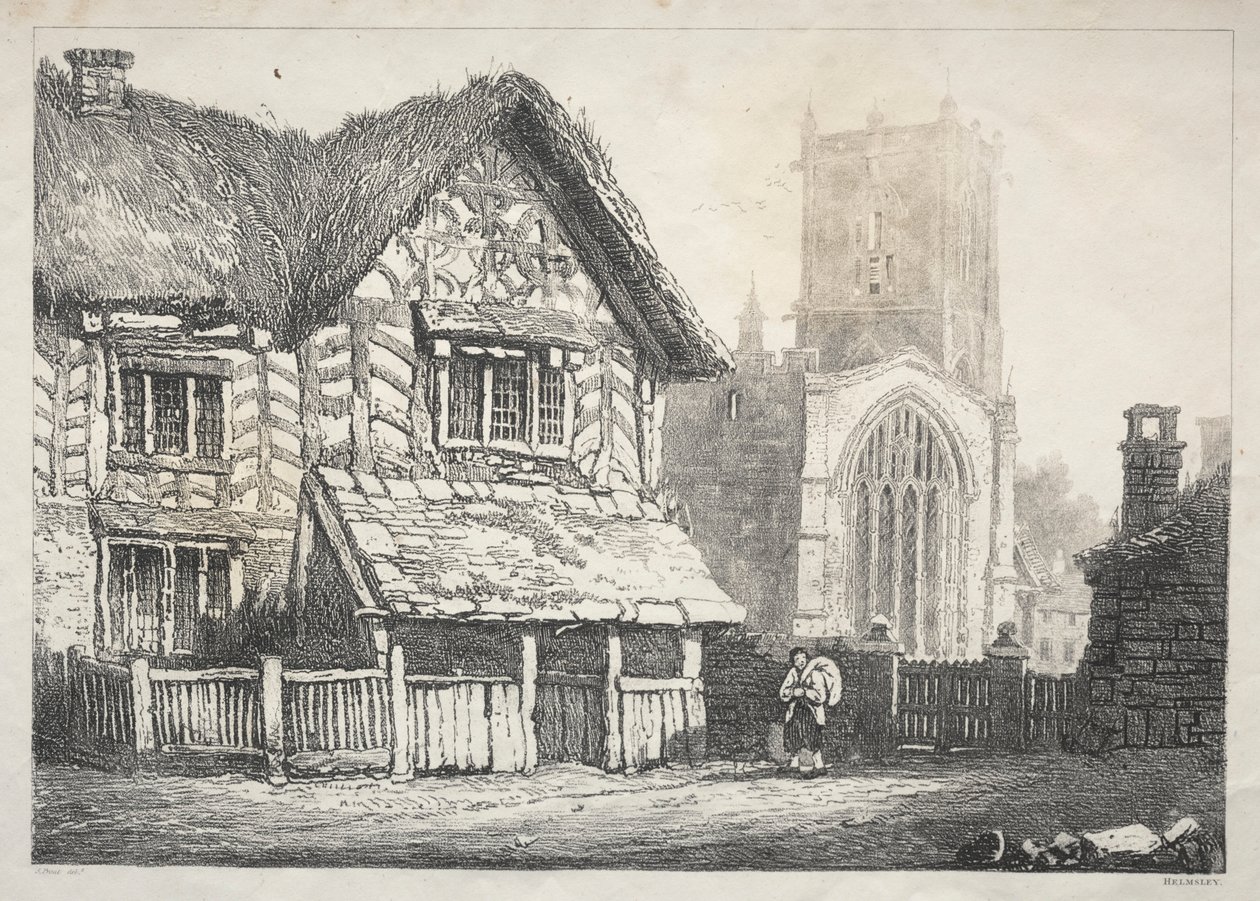 Sarja muinaisia rakennuksia ja maaseutumökkejä Pohjois-Englannissa: Helmsley, 1821. tekijältä Samuel Prout