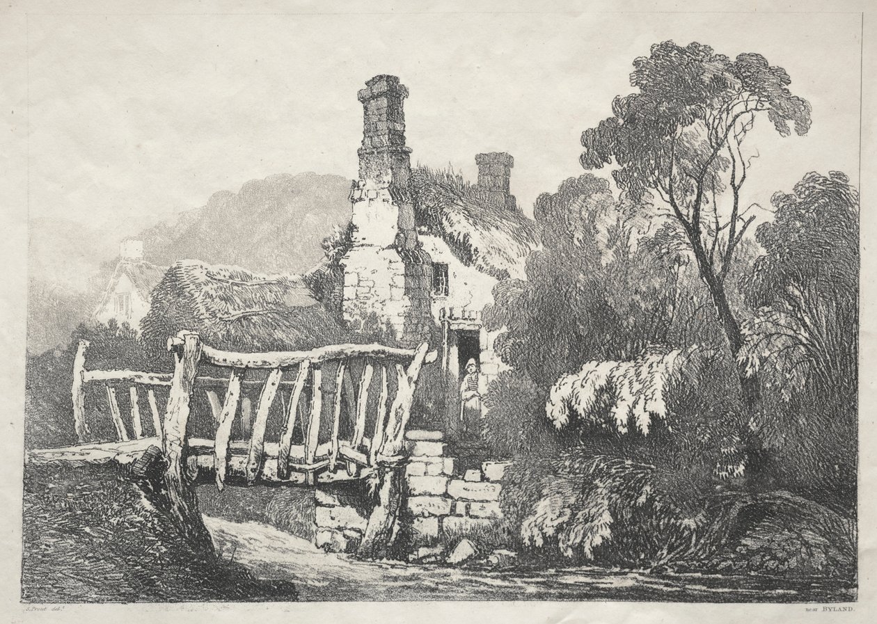 Sarja muinaisia rakennuksia ja maaseutumökkejä Pohjois-Englannissa: Near Byland, 1821. tekijältä Samuel Prout