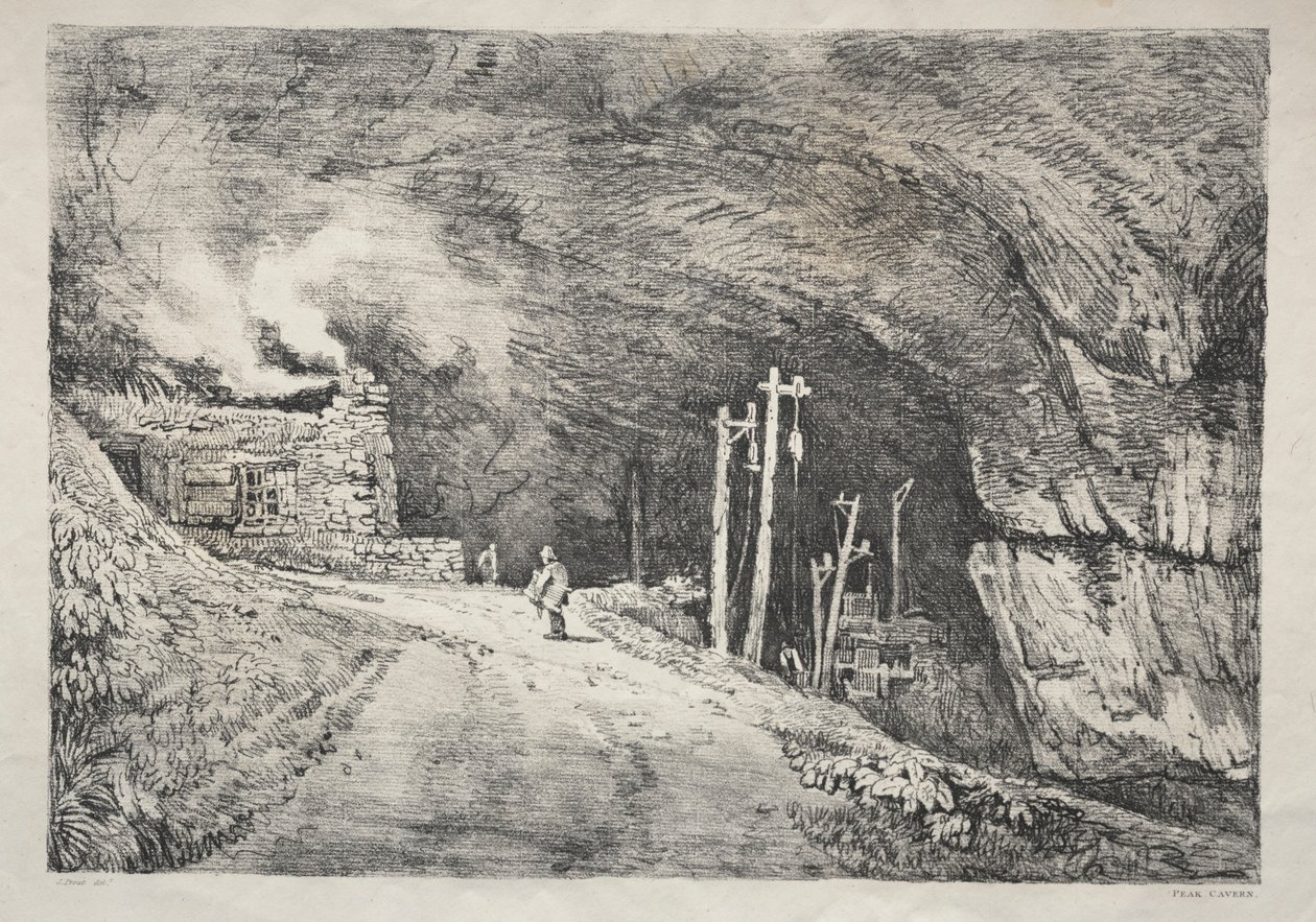 Sarja muinaisia rakennuksia ja maaseutumökkejä Pohjois-Englannissa: Peak Cavern, 1821. tekijältä Samuel Prout