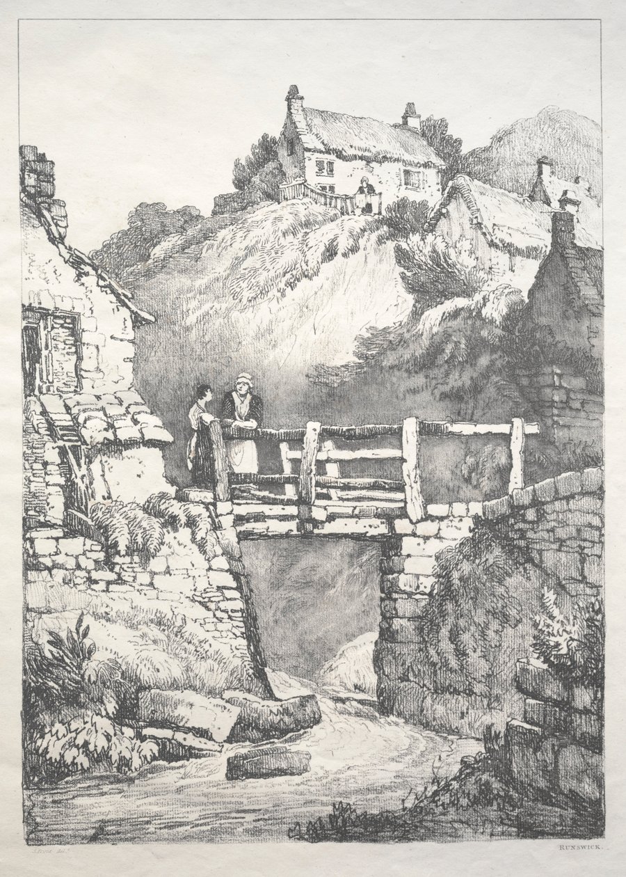 Sarja muinaisia rakennuksia ja maaseutumökkejä Pohjois-Englannissa: Runswick, 1821. tekijältä Samuel Prout