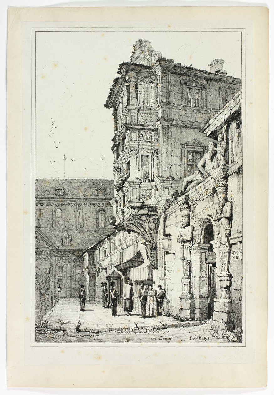 Ancien Palais, Bamberg, Flanderissa ja Saksassa tehtyjen luonnosten jäljennösten perusteella. tekijältä Samuel Prout