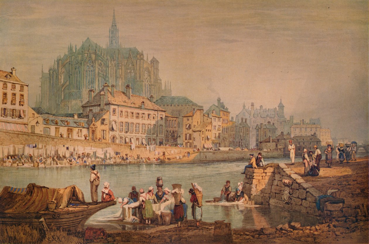 Katedraalikaupunki joen rannalla, n. 1825 tekijältä Samuel Prout