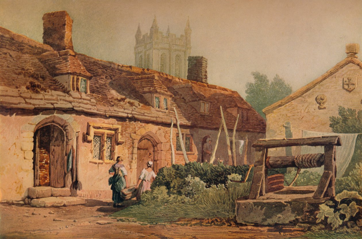 Mökit Glastonburyssa, 1819 tekijältä Samuel Prout
