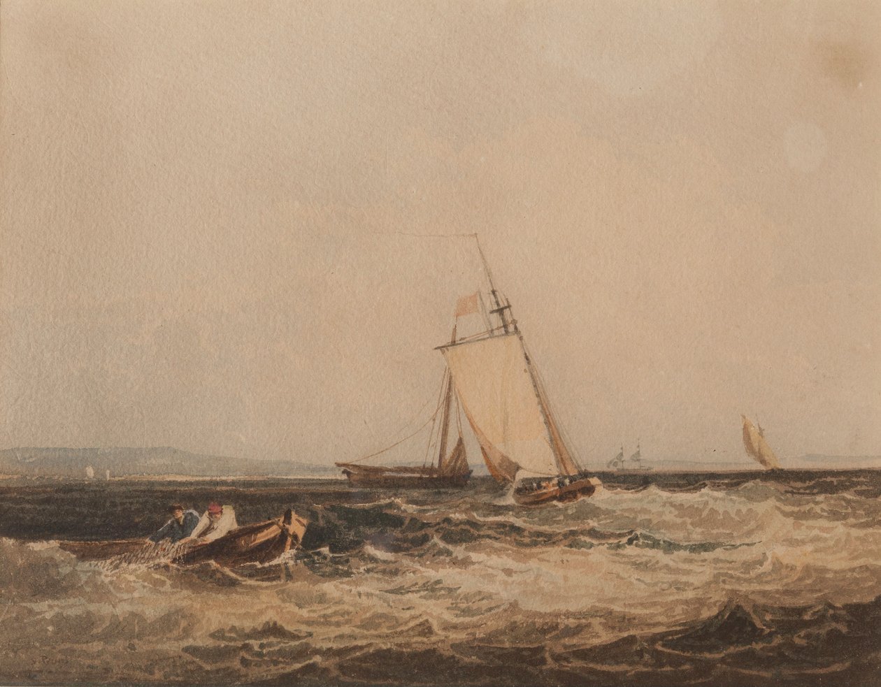 Kalastusveneet, noin 1820 (vesiväri paperille). tekijältä Samuel Prout