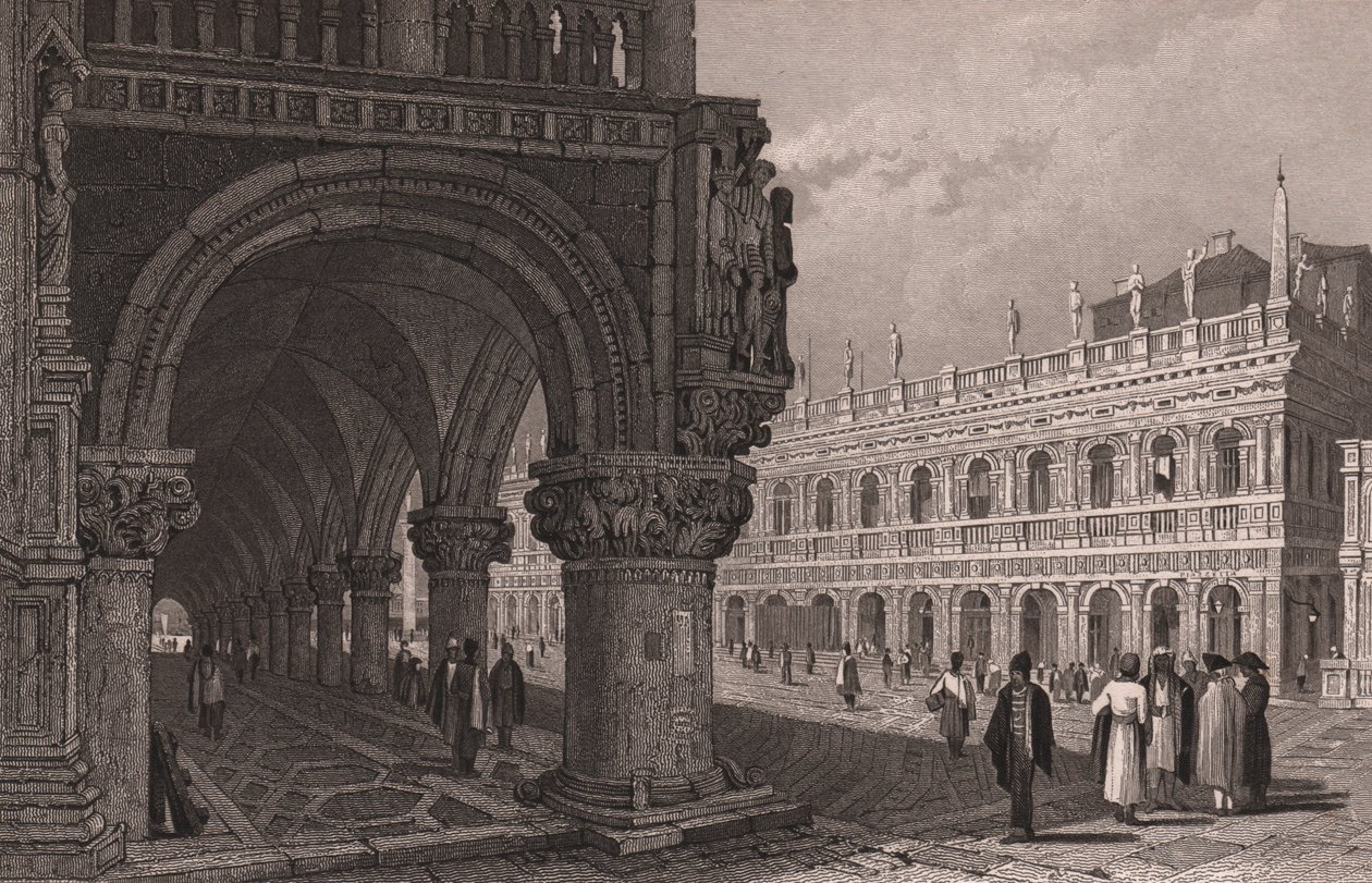 Dogen palatsin (Palazzo Ducale) pelihallin lyhennys näköalalla Pyhän Markuksen aukiolle ja kirjastopalatsille, Venetsia, Veneto, Italia, teräskaiverrus Samuel Proutin (1783-1852) piirustuksen mukaan, noin 15x11,5 cm tekijältä Samuel Prout