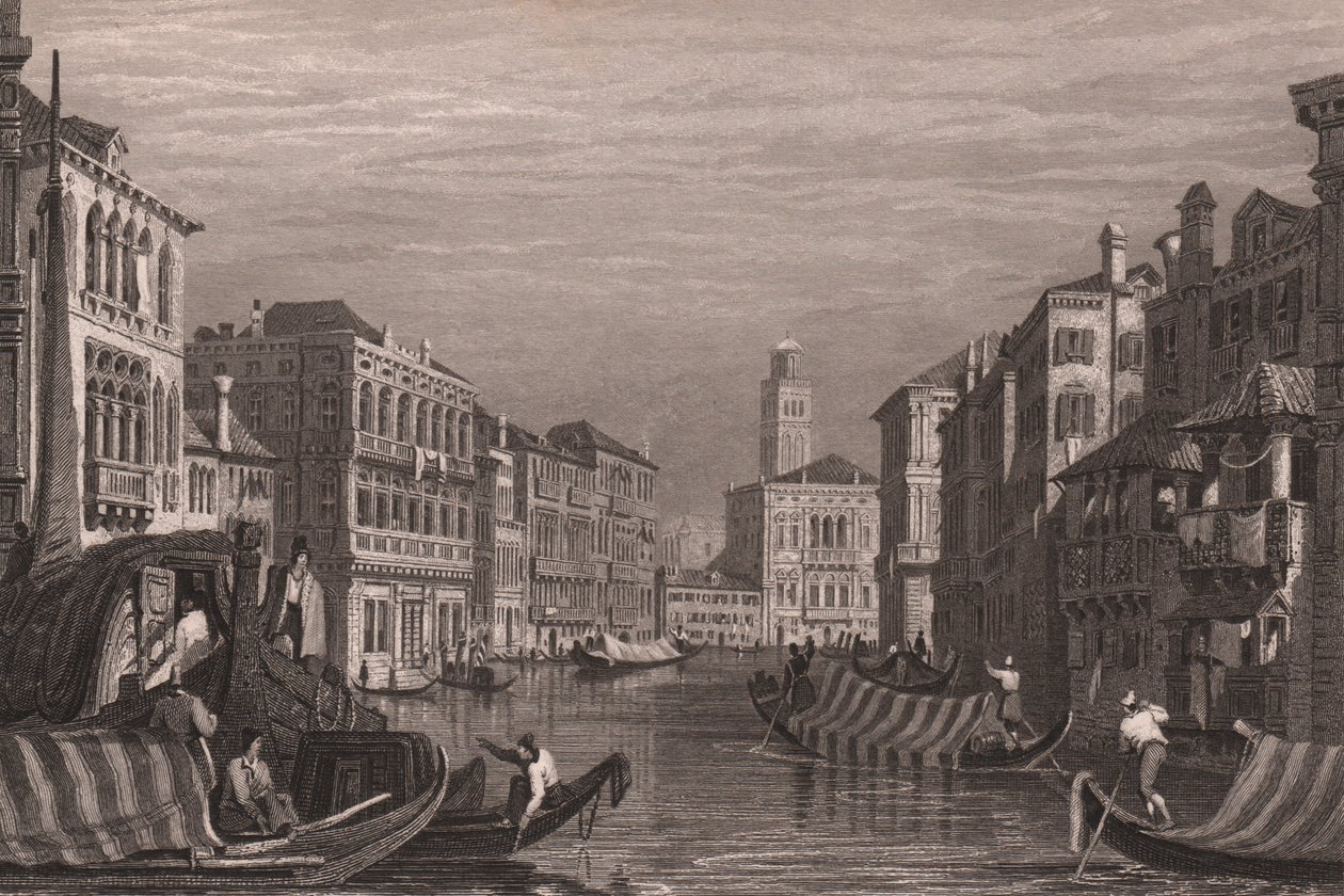 Gondolit Grand Canalilla (Canal Grande), Venetsia, Veneto, Italia, teräskaiverrus Samuel Proutin (1783-1852) piirtämänä, noin 15x11,5 cm tekijältä Samuel Prout
