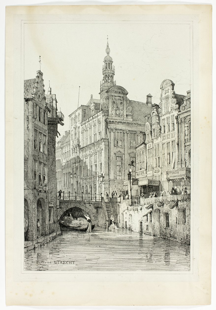 Hotel de Ville, Utrecht, Flanderissa ja Saksassa tehtyjen luonnosten jäljennösten perusteella. tekijältä Samuel Prout