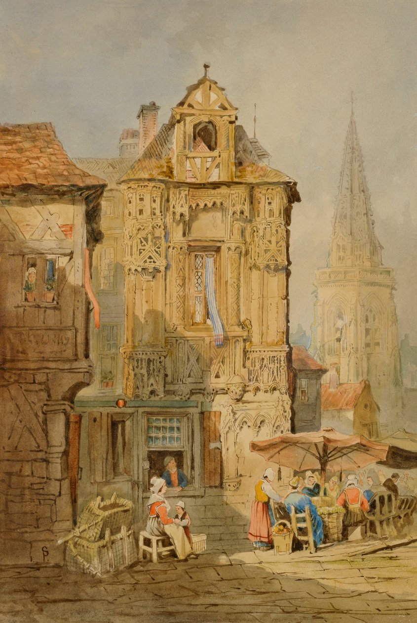 Markkinapaikka Bruggessa, 1800-luvun alku. tekijältä Samuel Prout